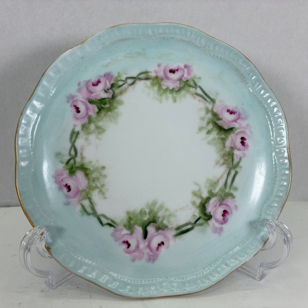 Z.S. & Co Bavaria Orleans Plate Pink Rose Wreath Artist Signed F Koch Blue Gold